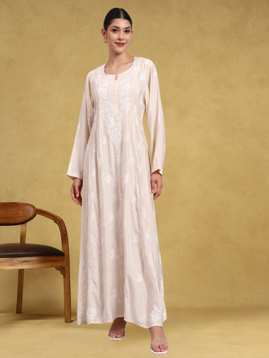 Hand Embroidered Chikankari Chanderi Jalabiya-AL4088 Beige