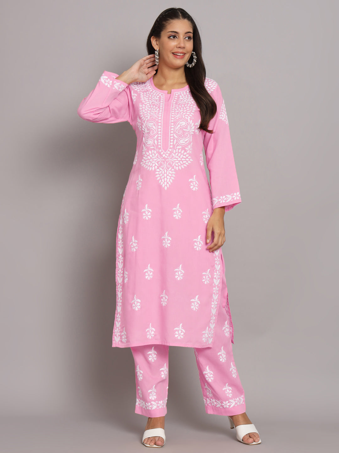 Women Hand Embroidered Chikankari Cotton Kurta Set-AL3674KS Pink