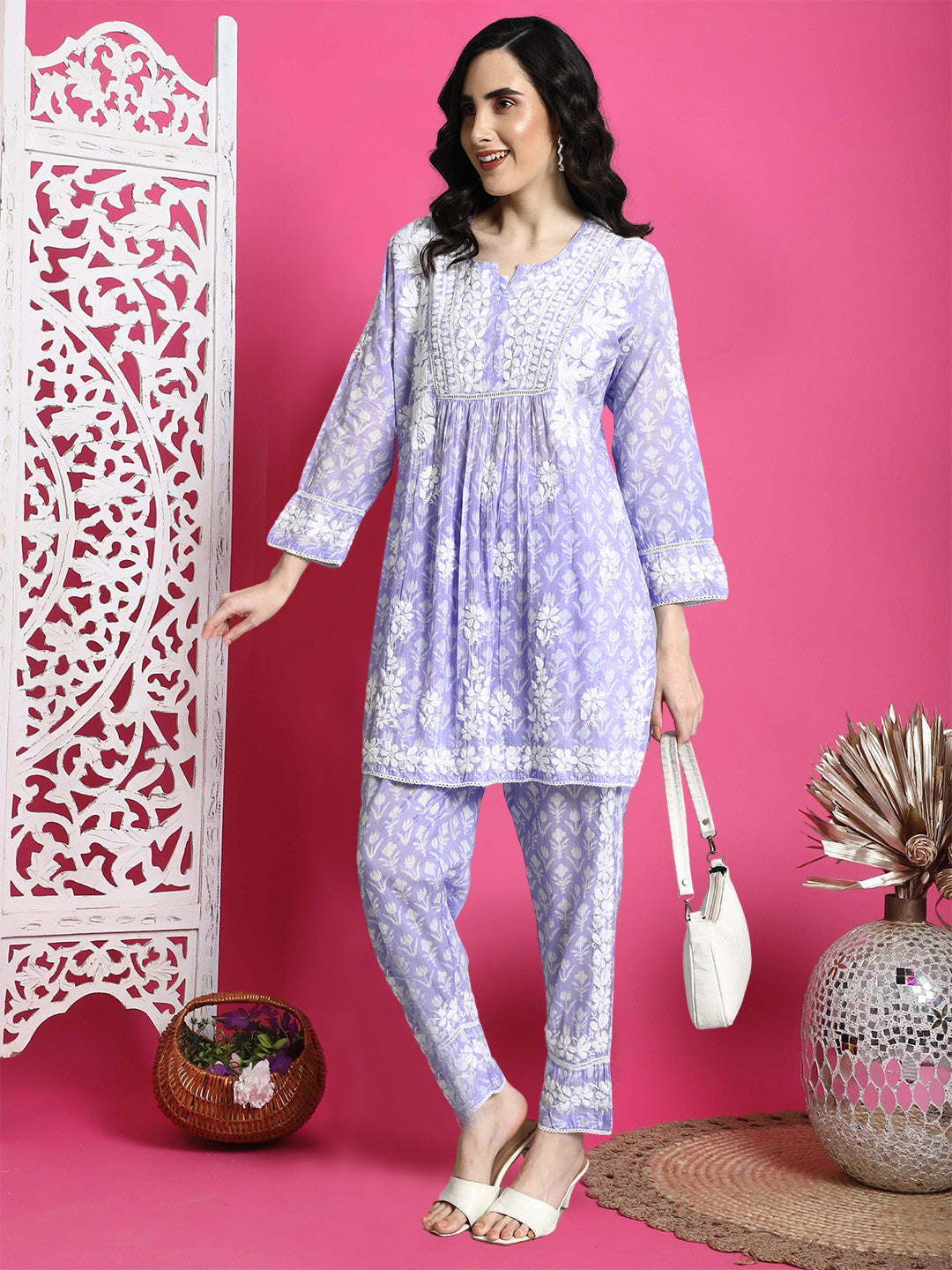 Printed Mulmul Co-Ord Set for Women-AL4055 Onionpink