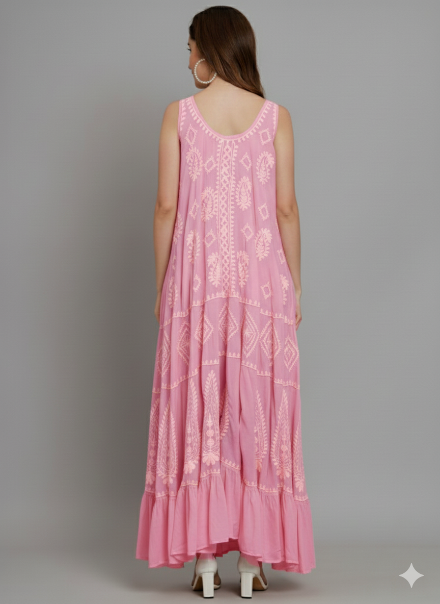 Hand Embroidered Chikankari Modal Kaftan-AL3605C