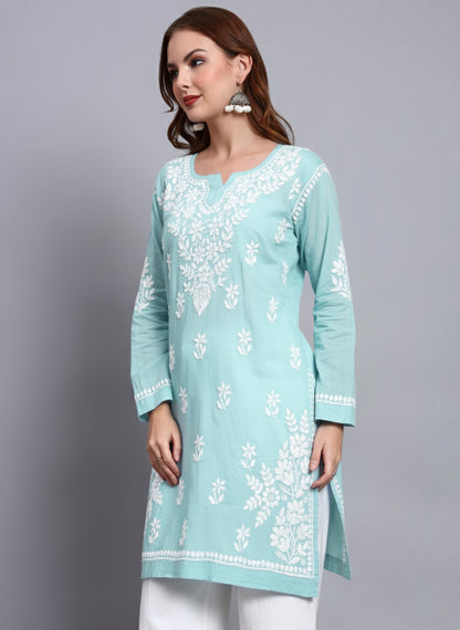 Women Hand Embroidered Chikankari Cotton Kurti -AL3685 Seagreen