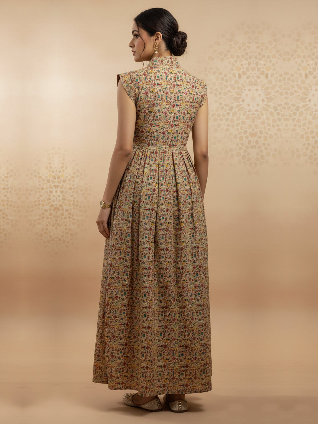 Women Printed Embroidered Cotton Jalabiya with Cap Sleeves-AL3697C Tan