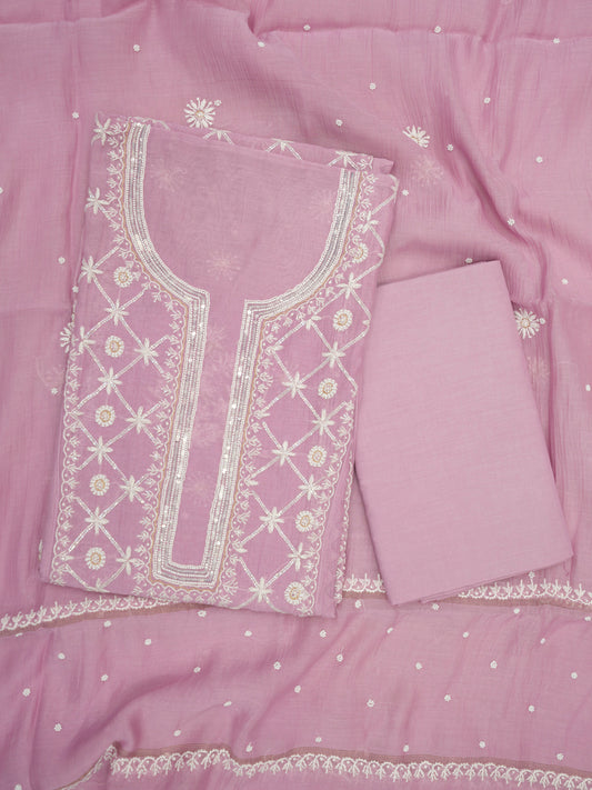 Women Hand Embroidered Premium Chikankari Mul Chanderi Unstitched Kurta Dupatta Bottom Set-ALSCA85201FS Lavender
