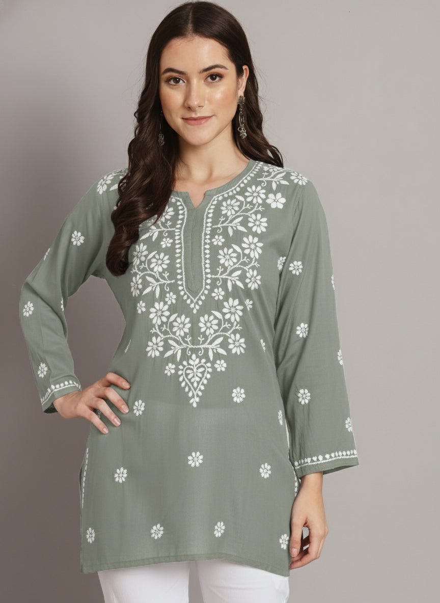 Women Hand Embroidered Modal Chikankari Kurti-AL3611 Smoke Grey