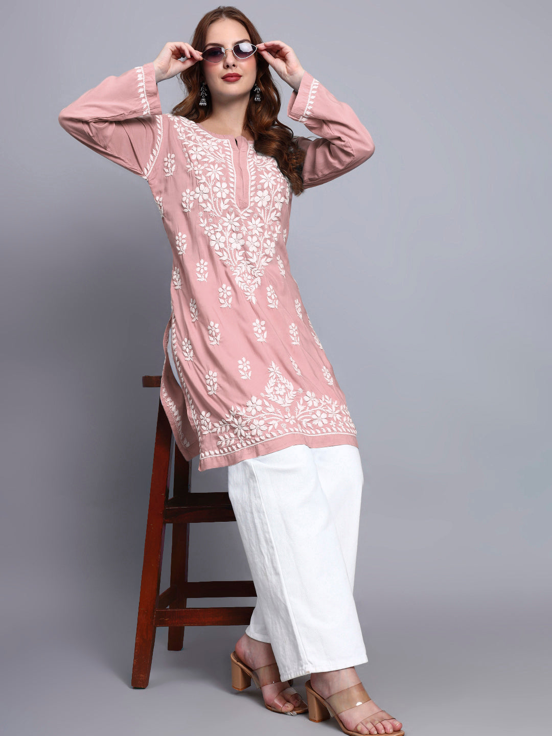 Women Hand Embroidered Chikankari Modal Kurti -AL3702 Rust