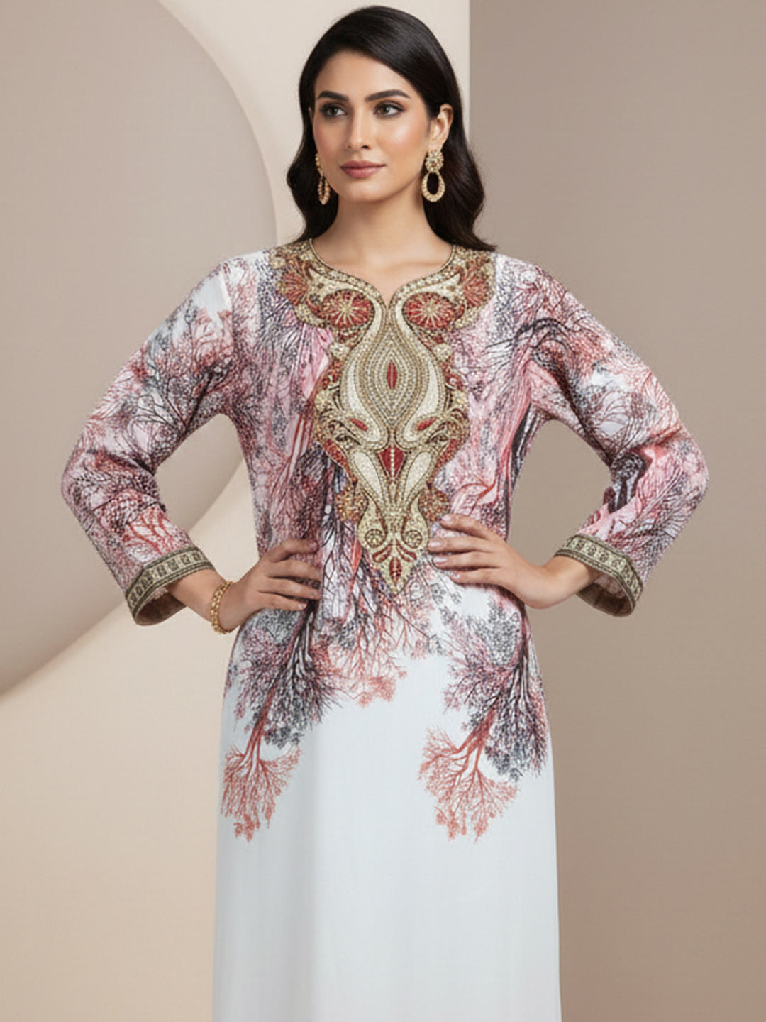 Women Floral Embroidered Chiffon Jalabiya-AL3830 Brown