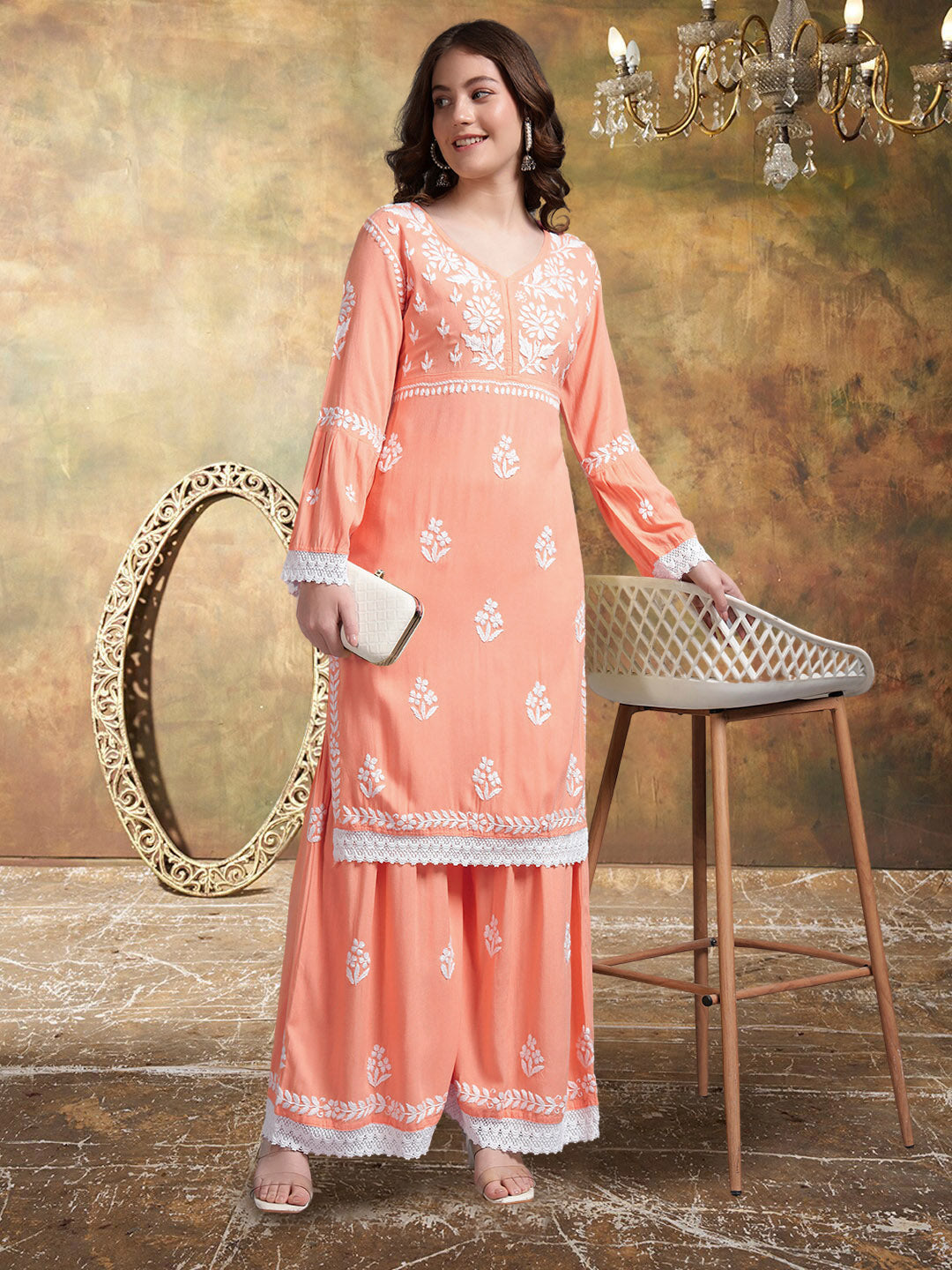 Women Hand Embroidered Lucknowi Chikankari Rayon Kurta Set-AL4077KS Peach