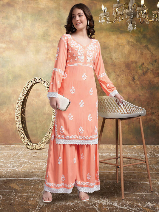 Women Hand Embroidered Lucknowi Chikankari Rayon Kurta Set-AL4077KS Peach