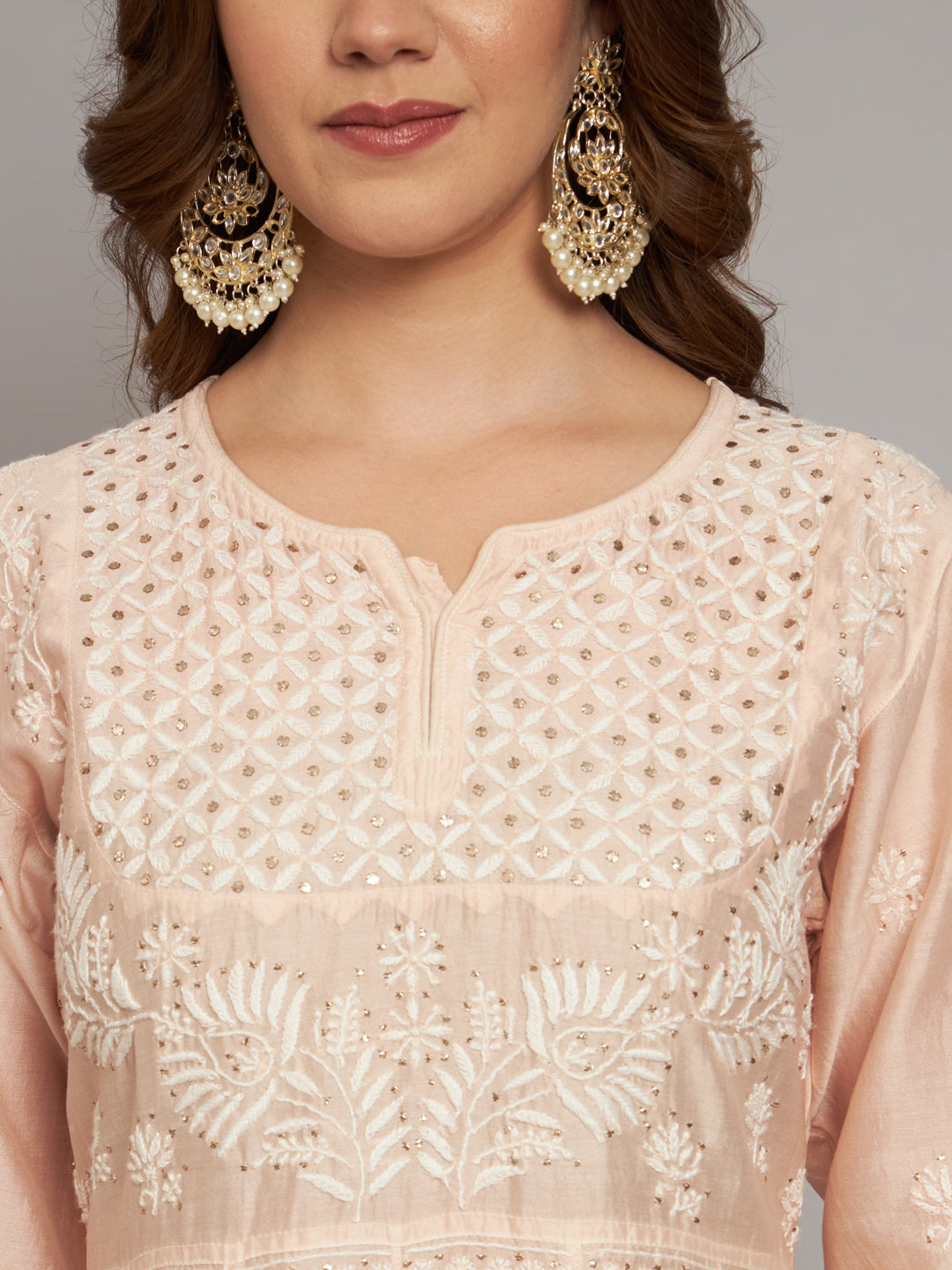 Hand embroidered Chikankari Chanderi Cotton Kurta Set and Dupatta with Mukaish AL3665KS