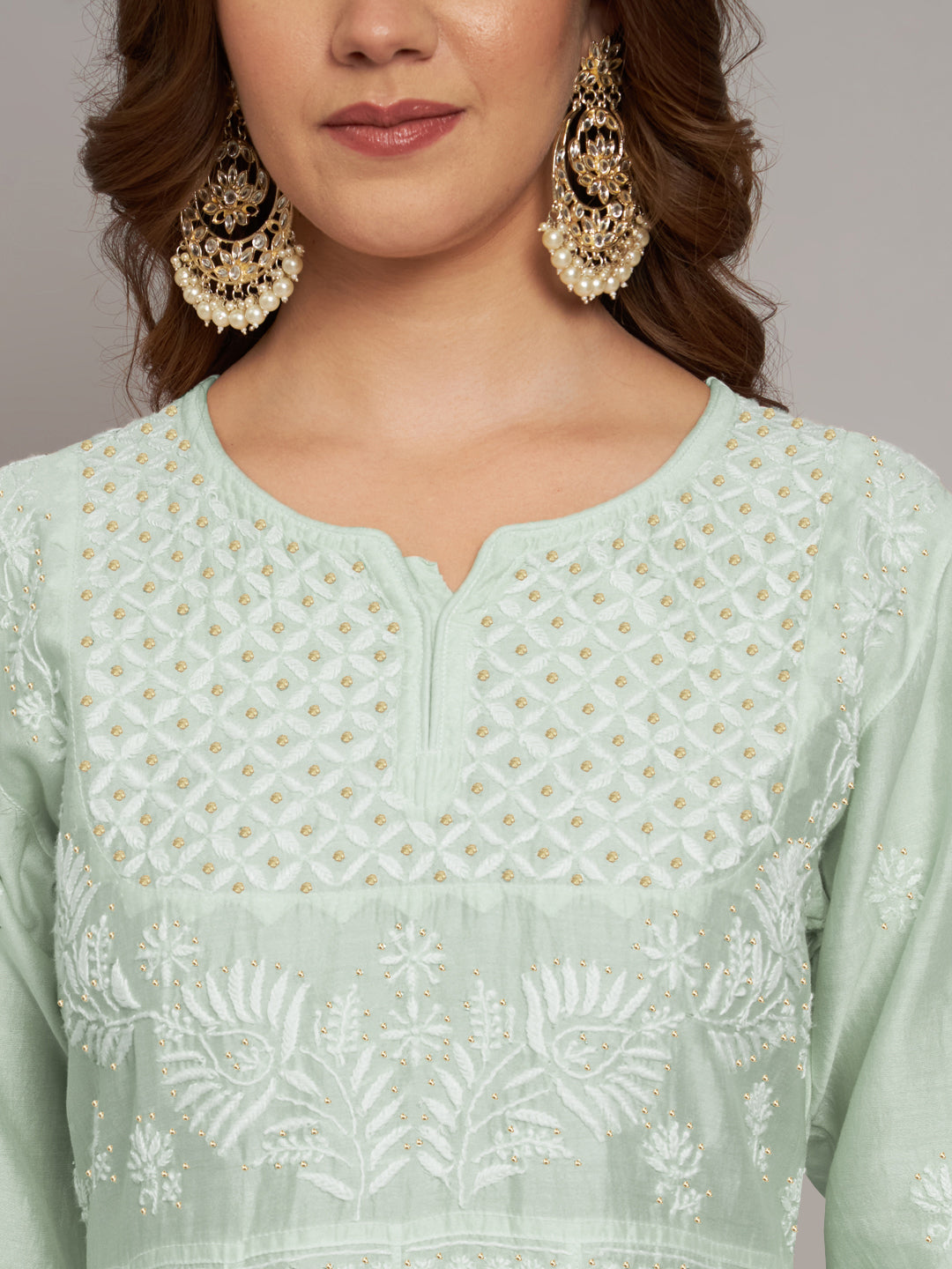 Hand embroidered Chikankari Chanderi Cotton Kurta Set and Dupatta with Mukaish AL3665KS