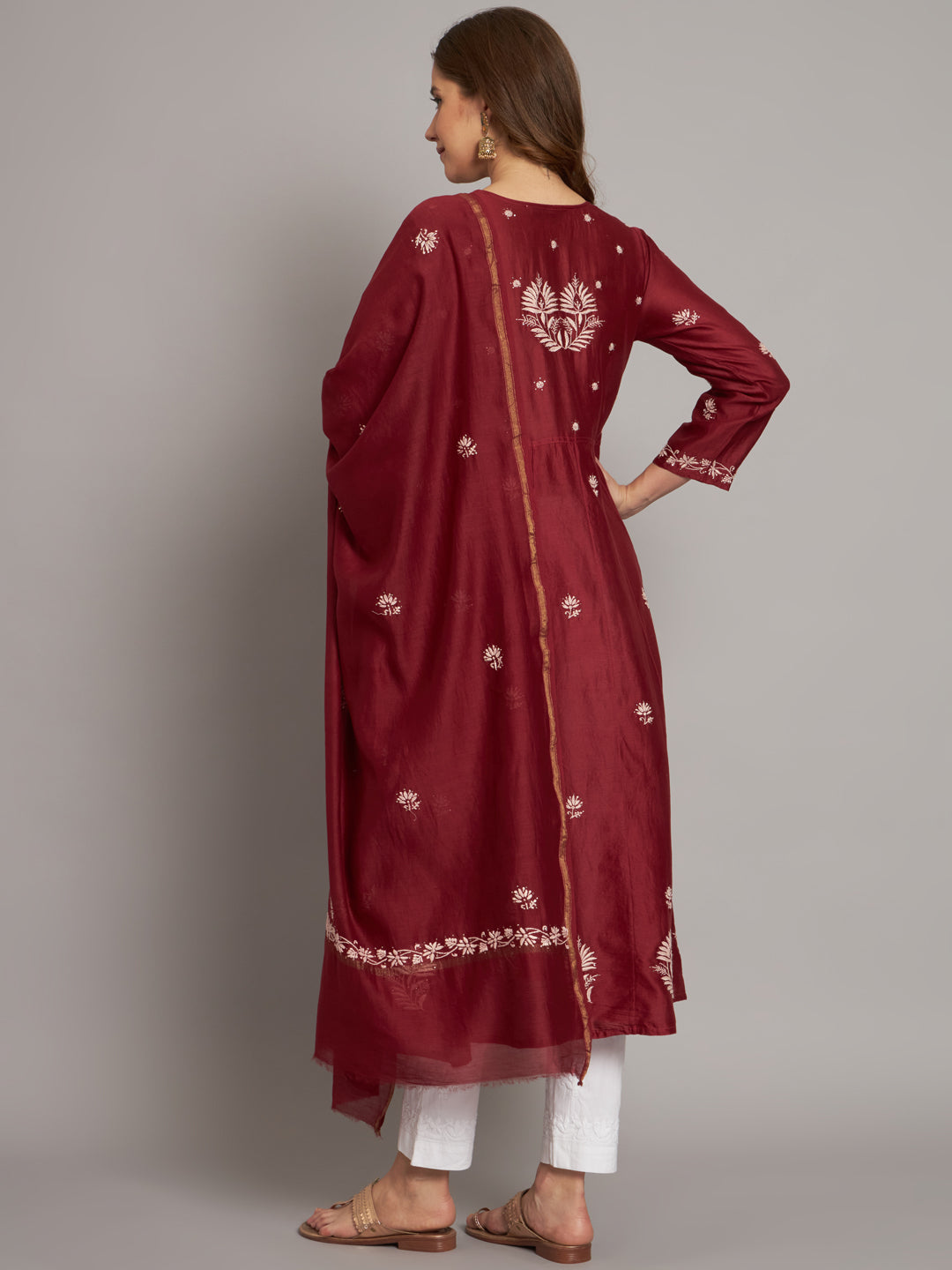 Hand embroidered Chikankari Chanderi Cotton Kurta Set and Dupatta with Mukaish AL3665KS