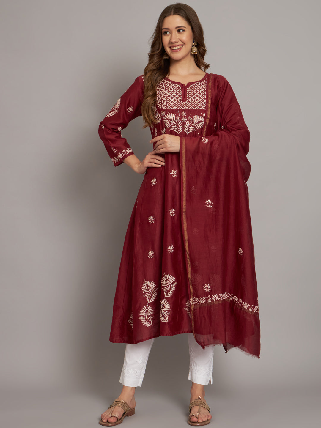 Hand embroidered Chikankari Chanderi Cotton Kurta Set and Dupatta with Mukaish AL3665KS