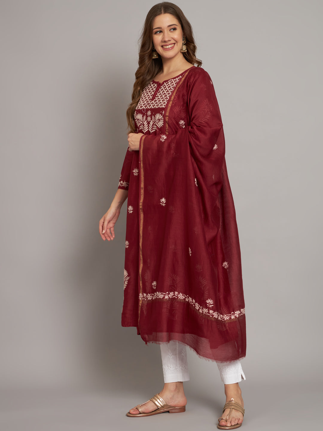 Hand embroidered Chikankari Chanderi Cotton Kurta Set and Dupatta with Mukaish AL3665KS
