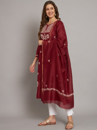 Hand embroidered Chikankari Chanderi Cotton Kurta Set and Dupatta with Mukaish AL3665KS