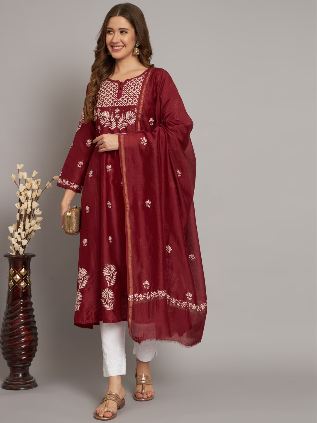 Hand embroidered Chikankari Chanderi Cotton Kurta Set and Dupatta with Mukaish AL3665KS