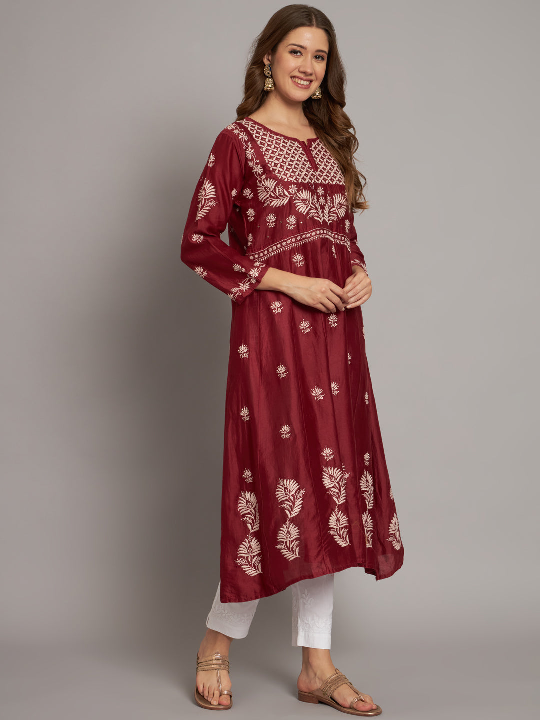 Hand embroidered Chikankari Chanderi Cotton Kurta Set and Dupatta with Mukaish AL3665KS