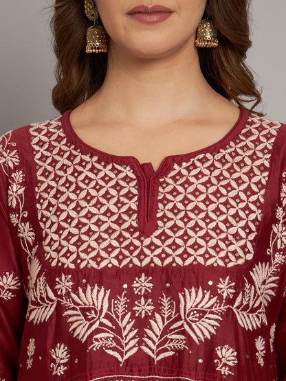Hand embroidered Chikankari Chanderi Cotton Kurta Set and Dupatta with Mukaish AL3665KS