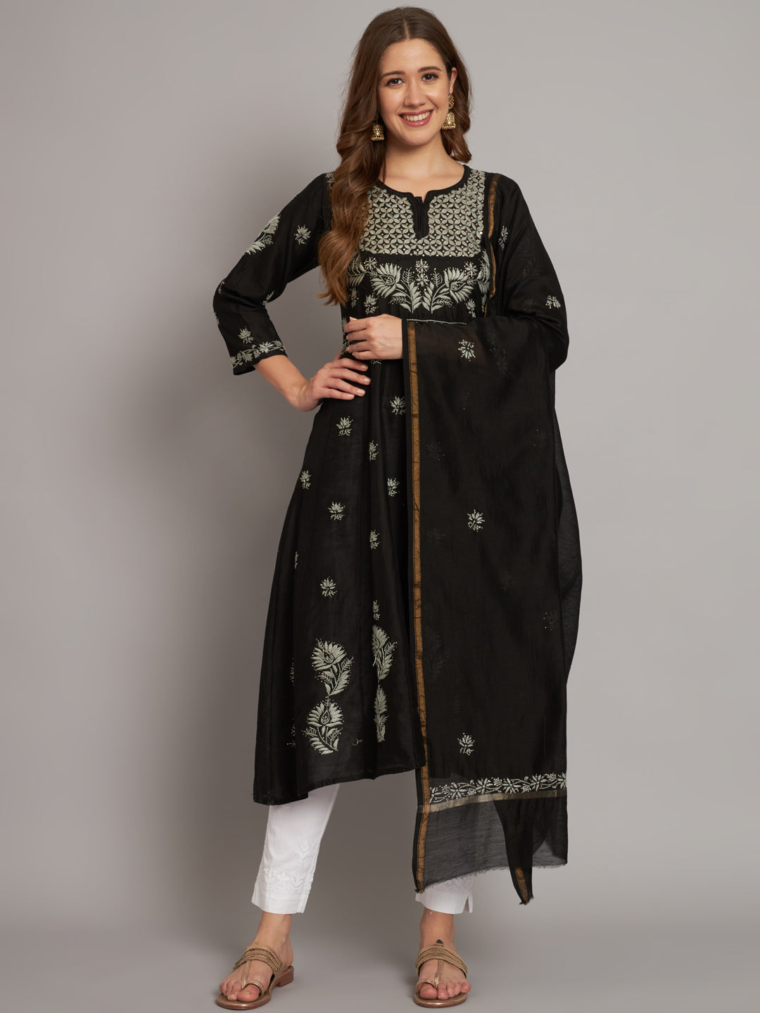 Hand embroidered Chikankari Chanderi Cotton Kurta Set and Dupatta with Mukaish AL3665KS