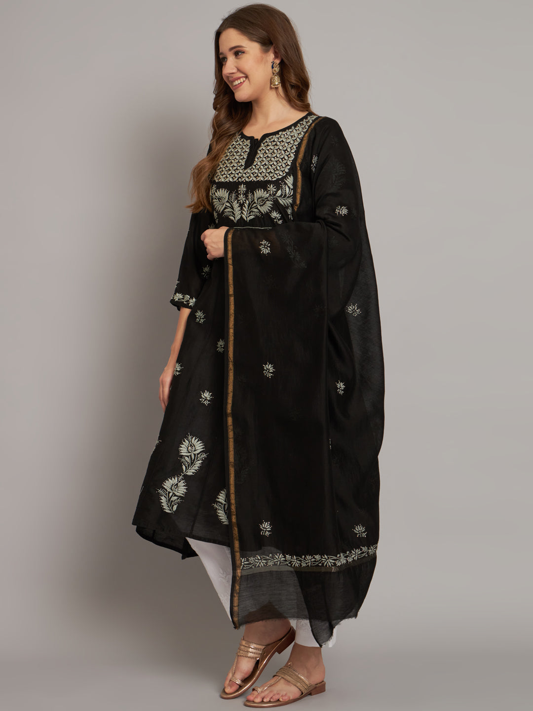 Hand embroidered Chikankari Chanderi Cotton Kurta Set and Dupatta with Mukaish AL3665KS