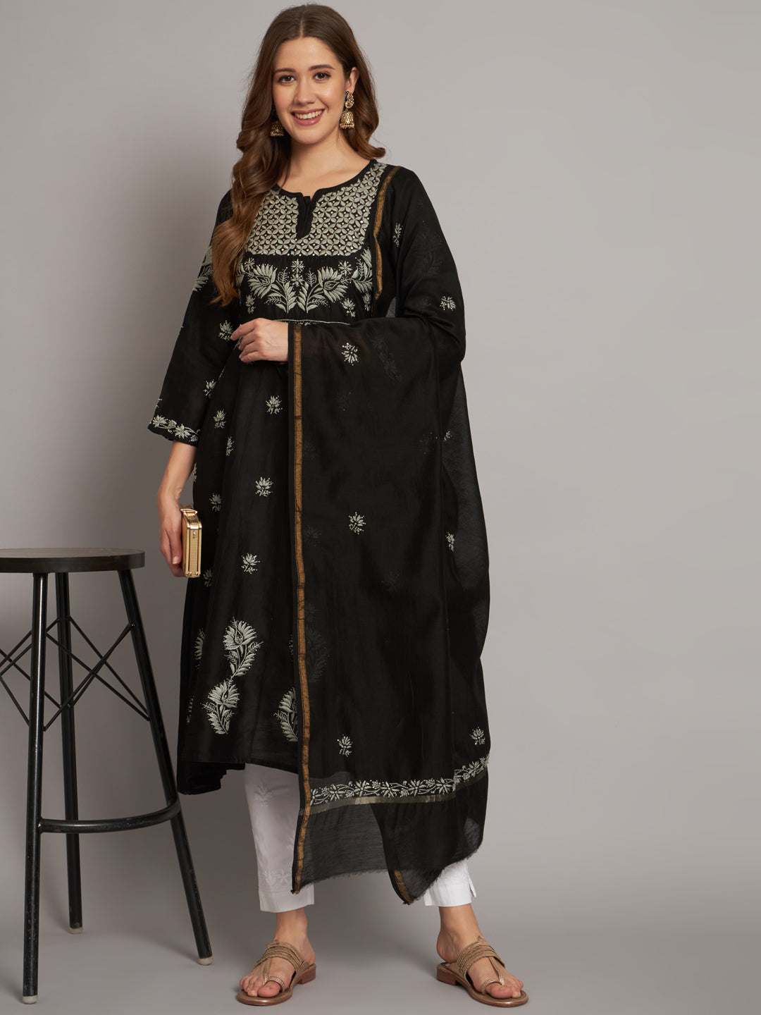Hand embroidered Chikankari Chanderi Cotton Kurta Set and Dupatta with Mukaish AL3665KS