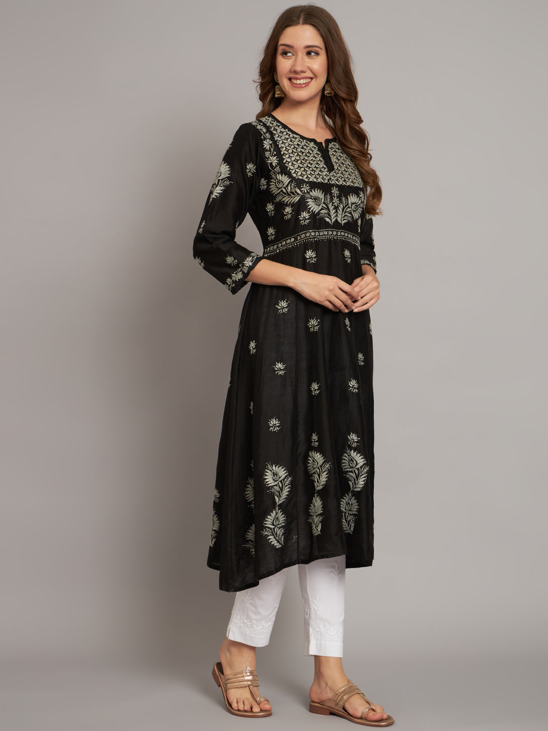 Hand embroidered Chikankari Chanderi Cotton Kurta Set and Dupatta with Mukaish AL3665KS