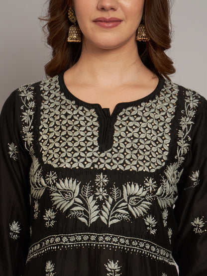 Hand embroidered Chikankari Chanderi Cotton Kurta Set and Dupatta with Mukaish AL3665KS