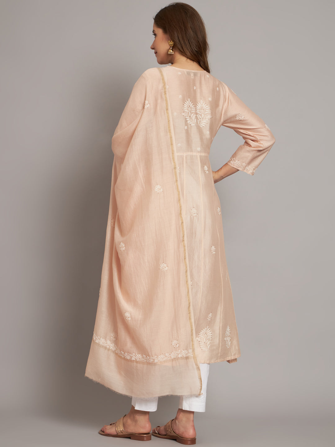 Hand embroidered Chikankari Chanderi Cotton Kurta Set and Dupatta with Mukaish AL3665KS