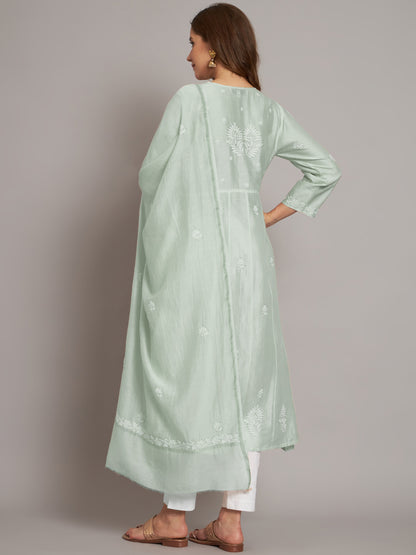 Hand embroidered Chikankari Chanderi Cotton Kurta Set and Dupatta with Mukaish AL3665KS