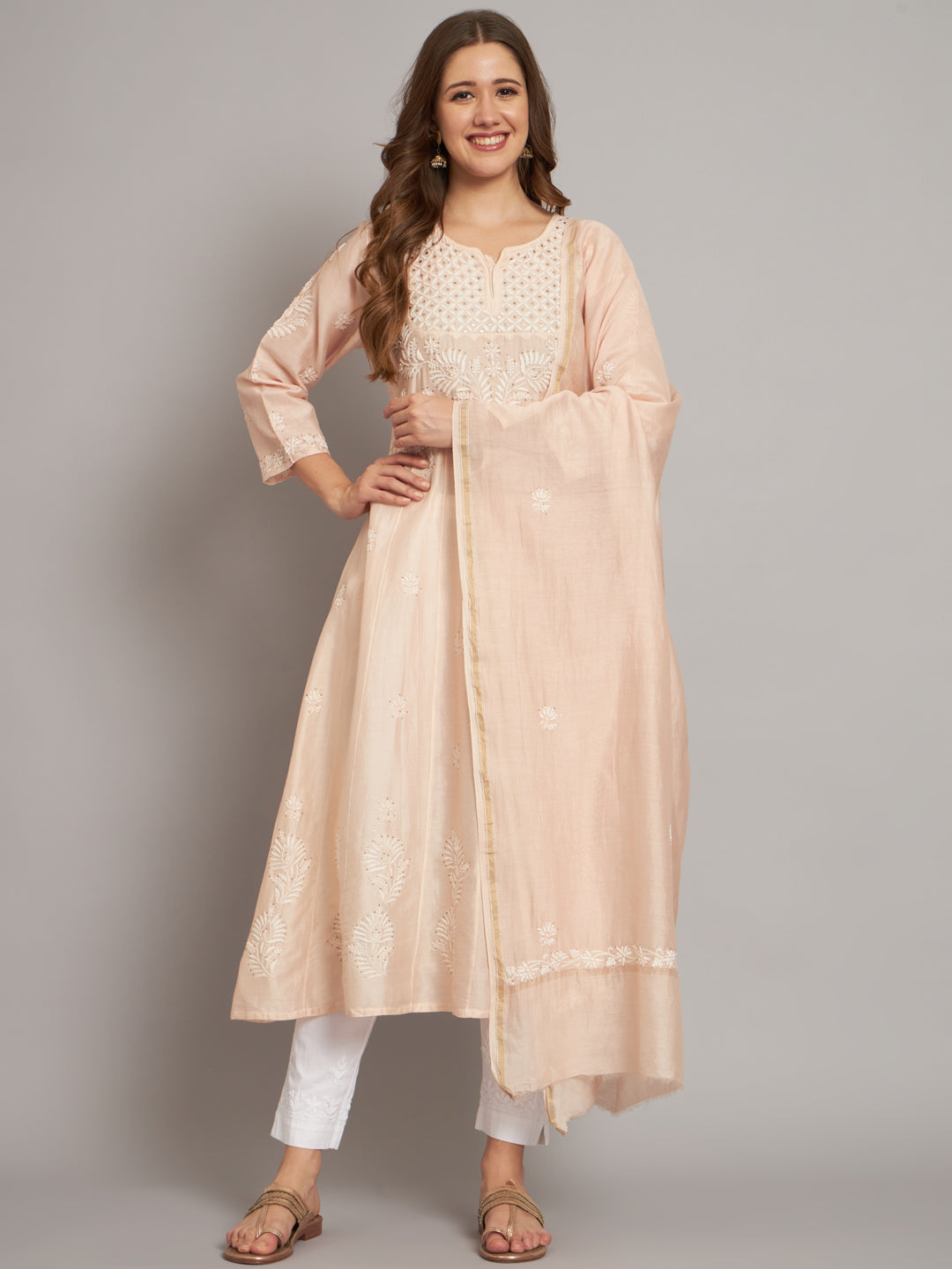 Hand embroidered Chikankari Chanderi Cotton Kurta Set and Dupatta with Mukaish AL3665KS