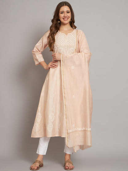Hand embroidered Chikankari Chanderi Cotton Kurta Set and Dupatta with Mukaish AL3665KS