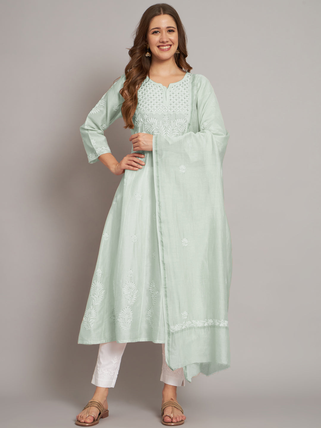 Hand embroidered Chikankari Chanderi Cotton Kurta Set and Dupatta with Mukaish AL3665KS
