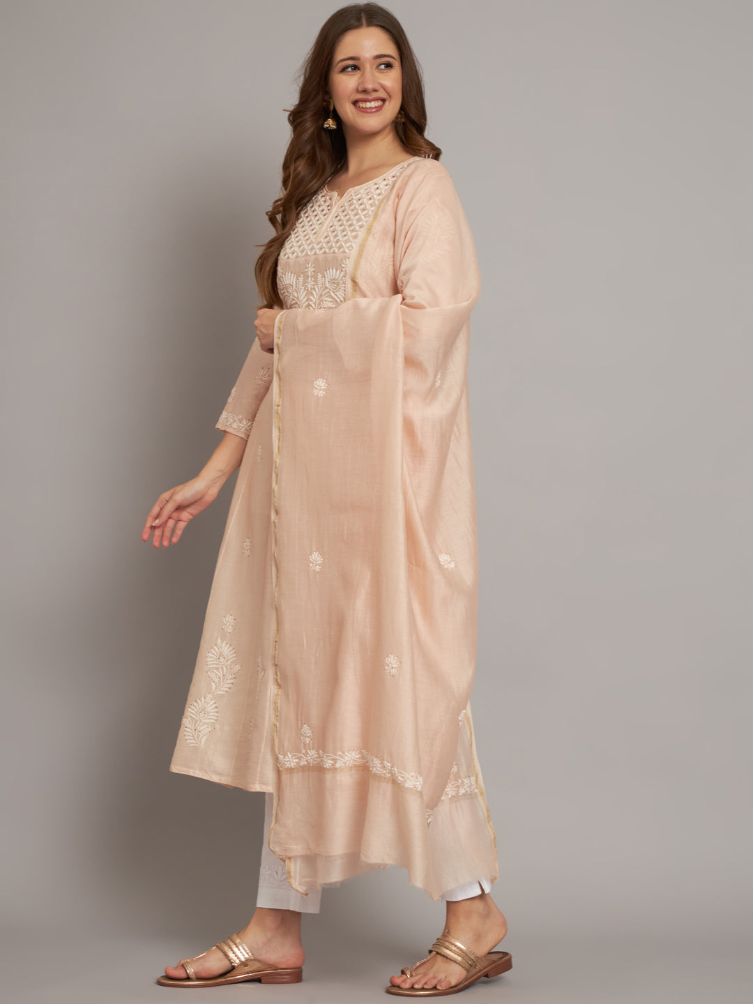 Hand embroidered Chikankari Chanderi Cotton Kurta Set and Dupatta with Mukaish AL3665KS