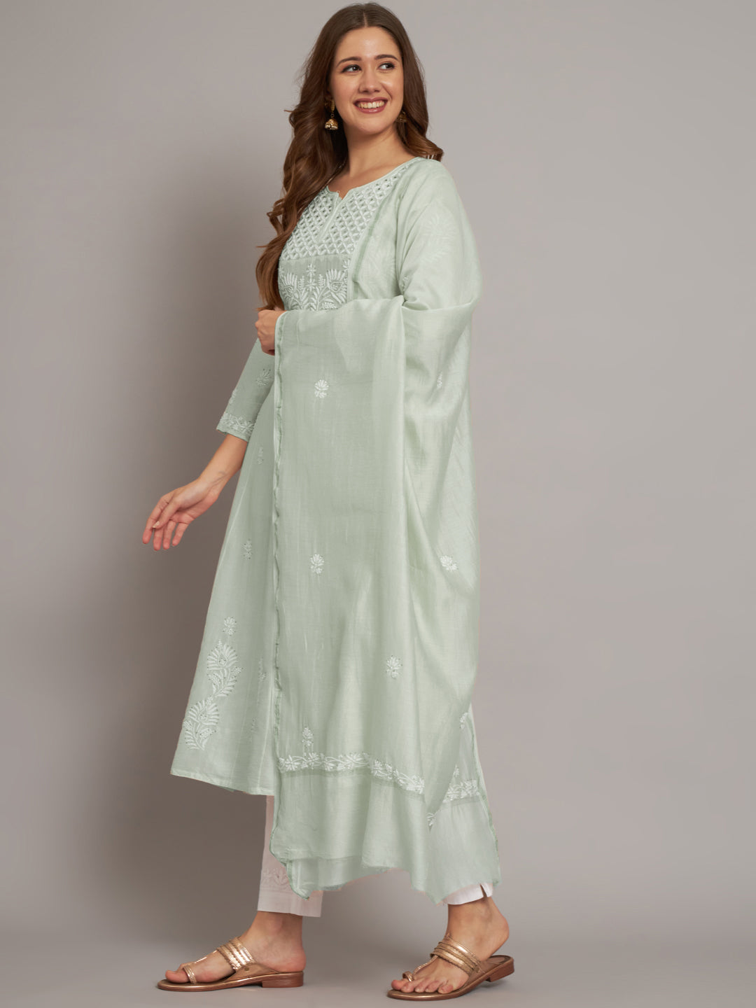 Hand embroidered Chikankari Chanderi Cotton Kurta Set and Dupatta with Mukaish AL3665KS
