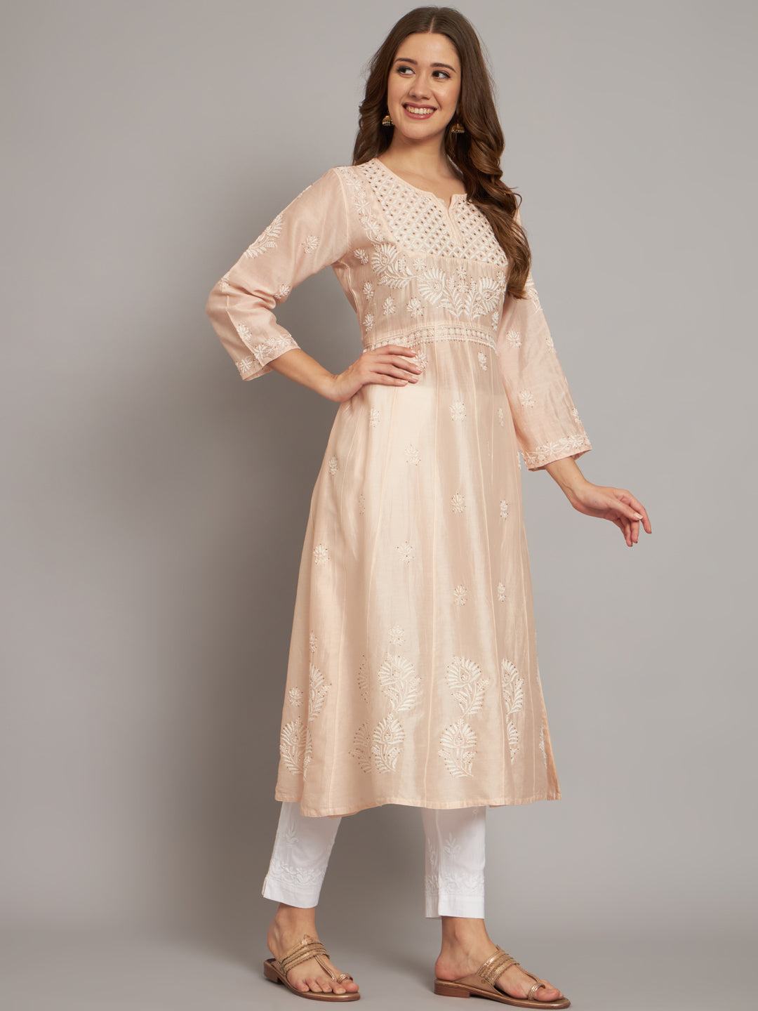 Hand embroidered Chikankari Chanderi Cotton Kurta Set and Dupatta with Mukaish AL3665KS