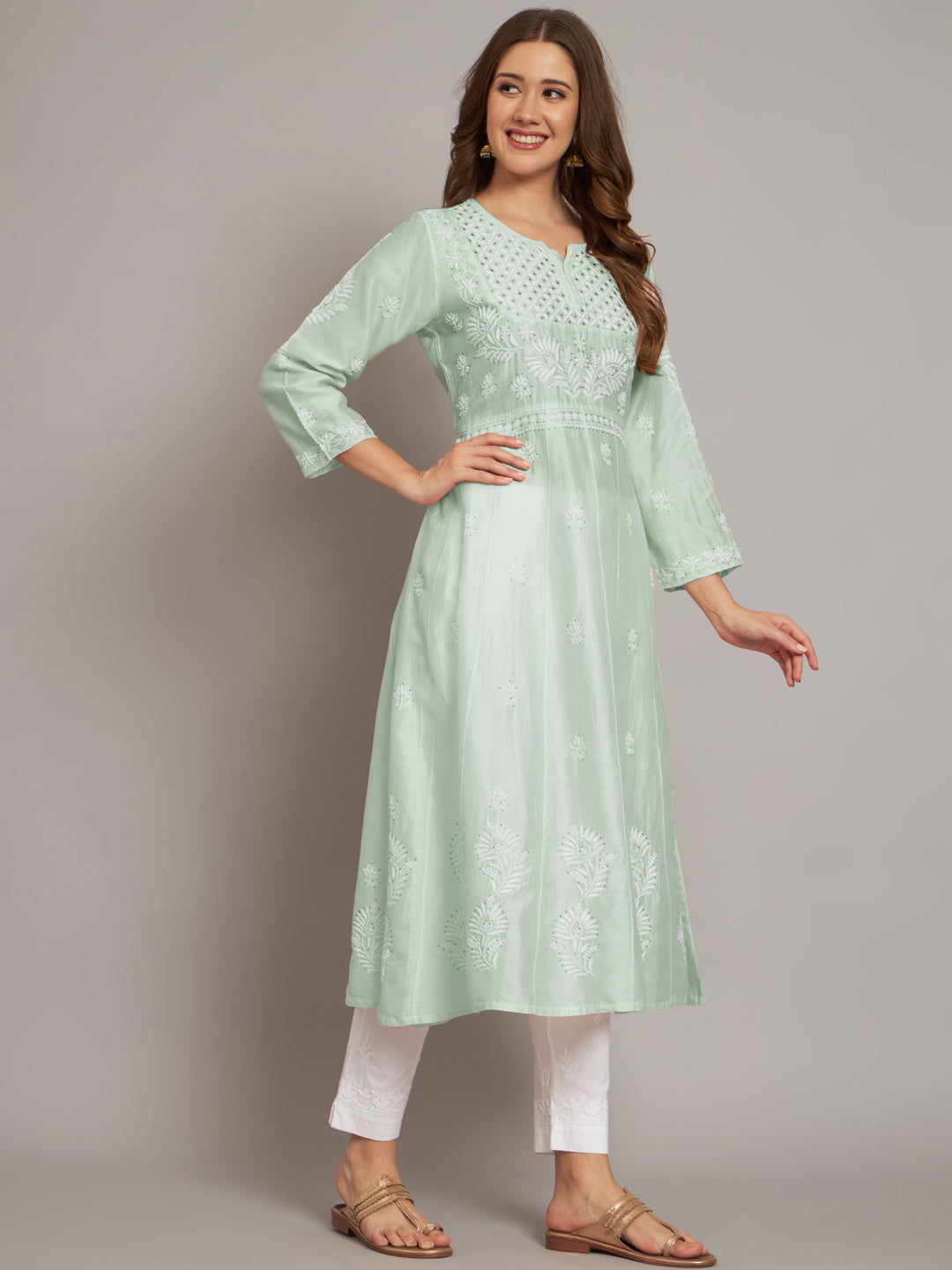 Hand embroidered Chikankari Chanderi Cotton Kurta Set and Dupatta with Mukaish AL3665KS
