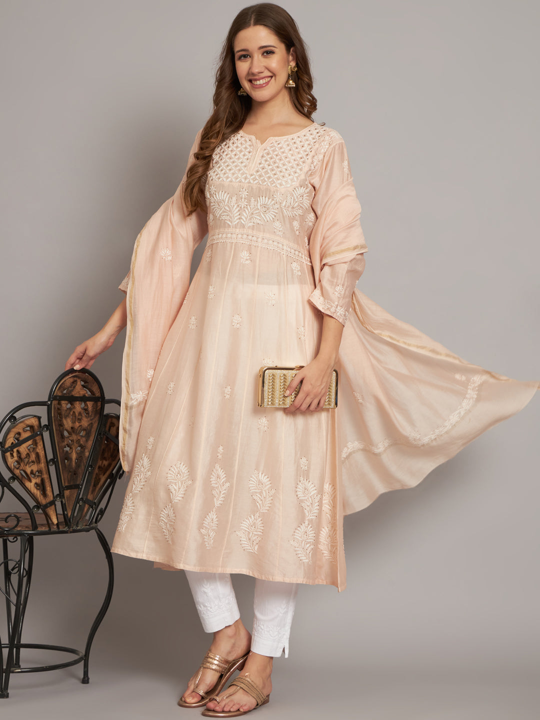 Hand embroidered Chikankari Chanderi Cotton Kurta Set and Dupatta with Mukaish AL3665KS