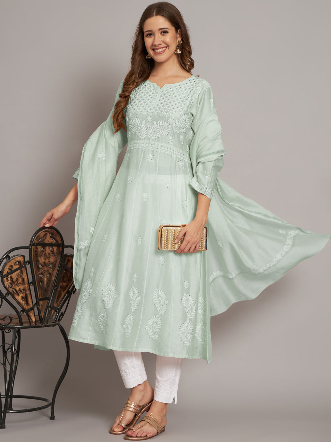 Hand embroidered Chikankari Chanderi Cotton Kurta Set and Dupatta with Mukaish AL3665KS