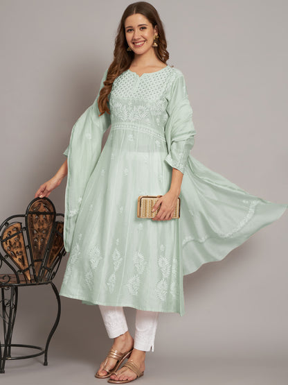 Hand embroidered Chikankari Chanderi Cotton Kurta Set and Dupatta with Mukaish AL3665KS