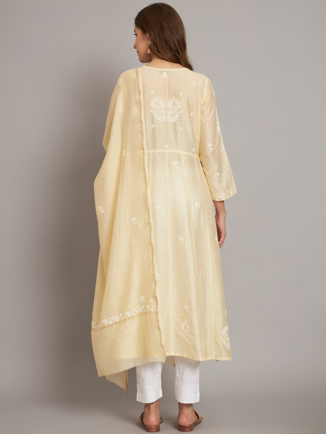 Hand embroidered Chikankari Chanderi Cotton Kurta Set and Dupatta with Mukaish AL3665KS