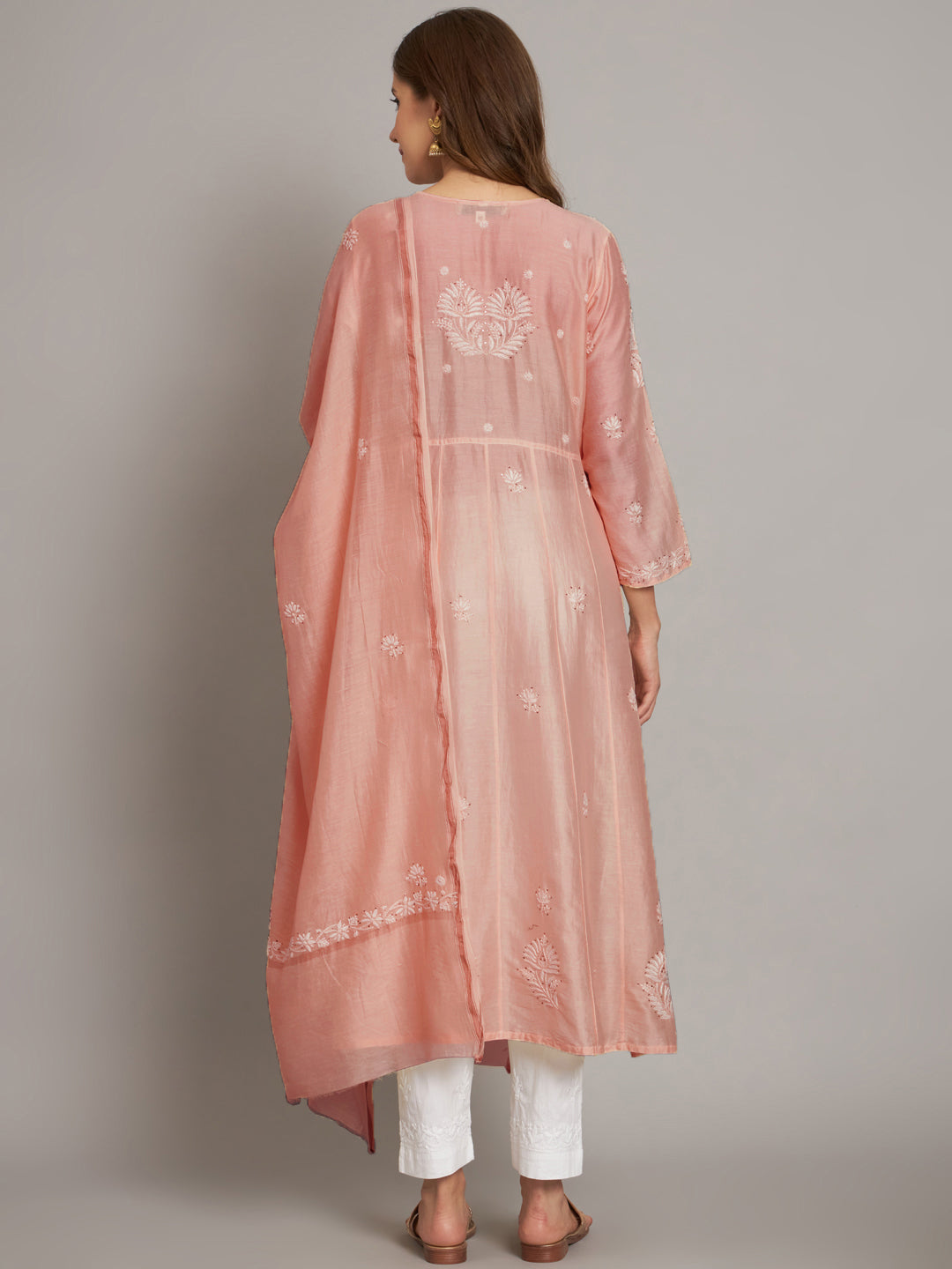 Hand embroidered Chikankari Chanderi Cotton Kurta Set and Dupatta with Mukaish AL3665KS