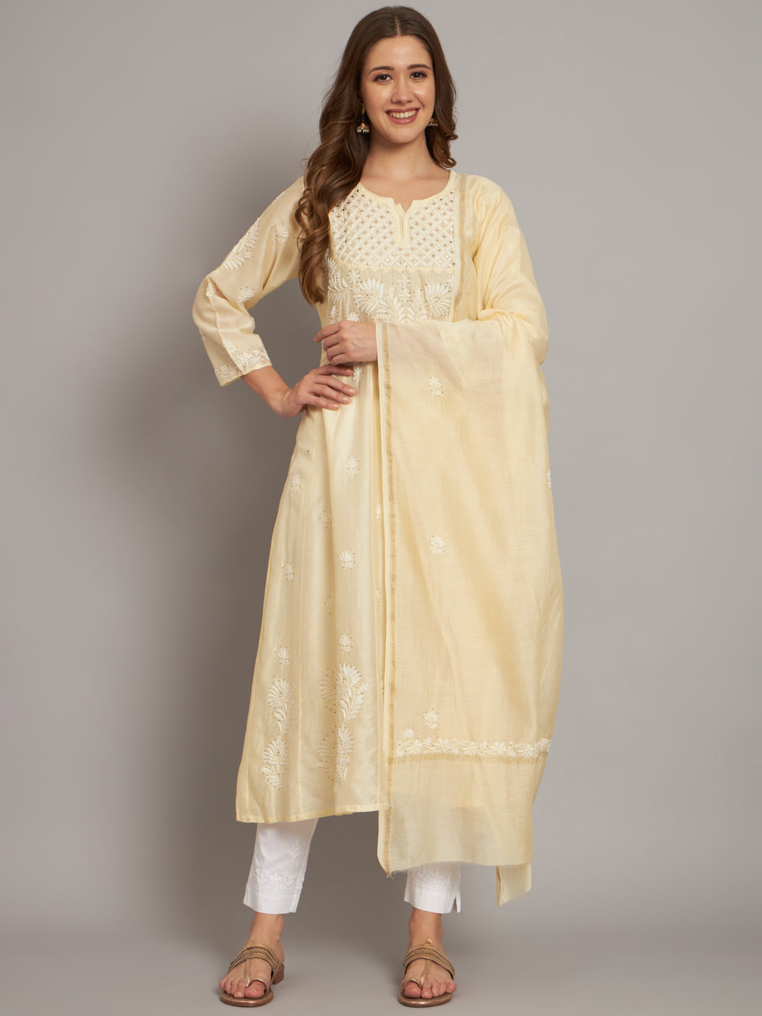 Hand embroidered Chikankari Chanderi Cotton Kurta Set and Dupatta with Mukaish AL3665KS