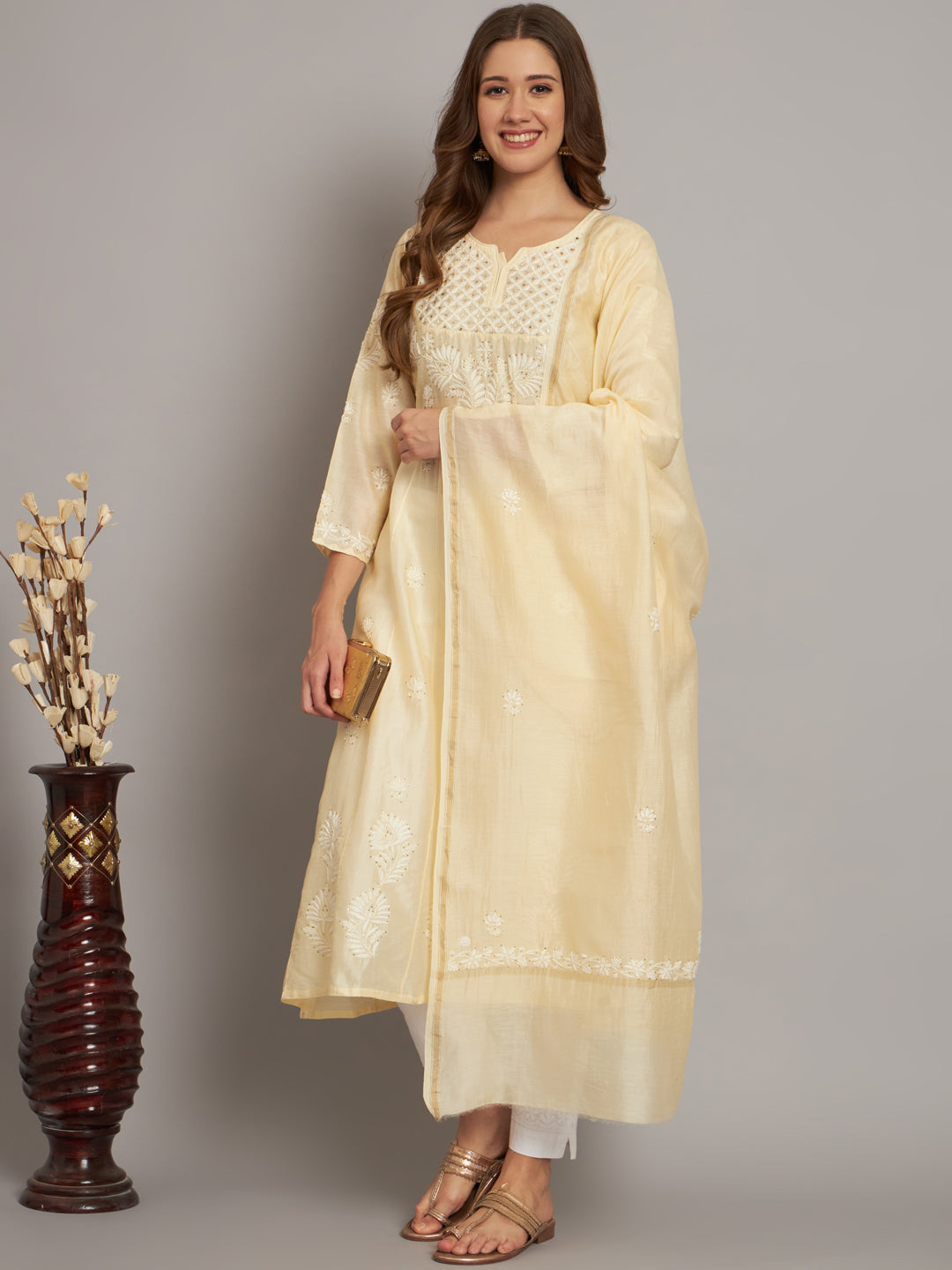 Hand embroidered Chikankari Chanderi Cotton Kurta Set and Dupatta with Mukaish AL3665KS