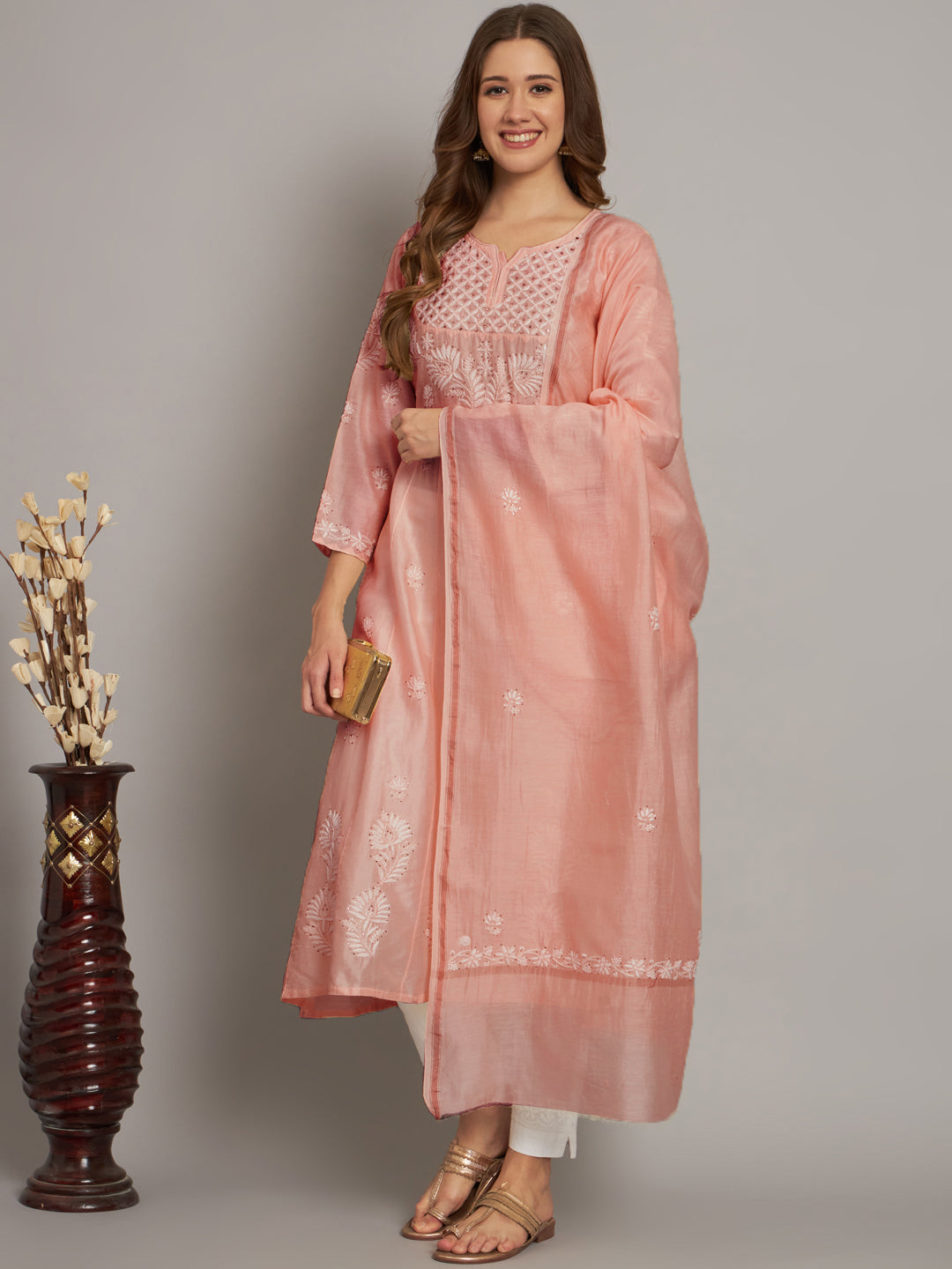 Hand embroidered Chikankari Chanderi Cotton Kurta Set and Dupatta with Mukaish AL3665KS
