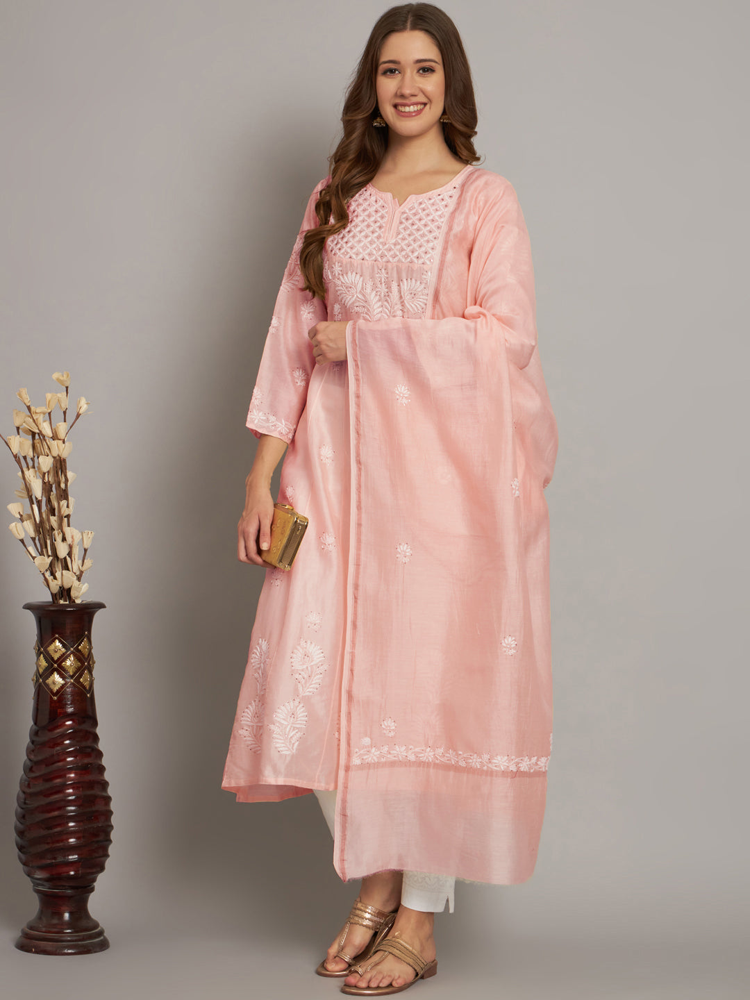 Hand embroidered Chikankari Chanderi Cotton Kurta Set and Dupatta with Mukaish AL3665KS