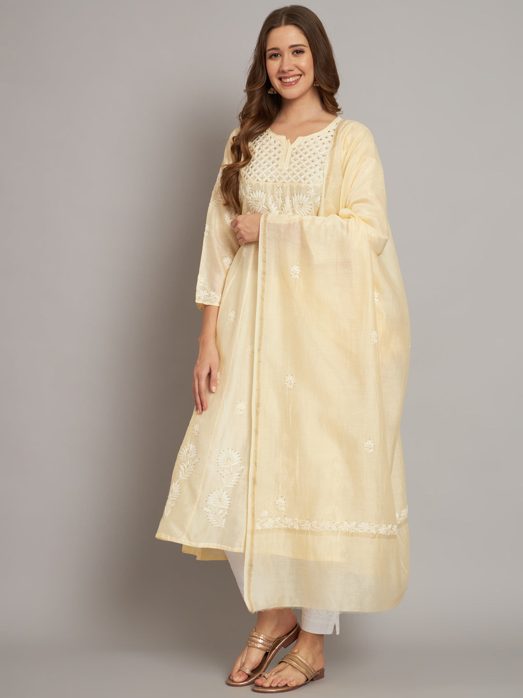 Hand embroidered Chikankari Chanderi Cotton Kurta Set and Dupatta with Mukaish AL3665KS