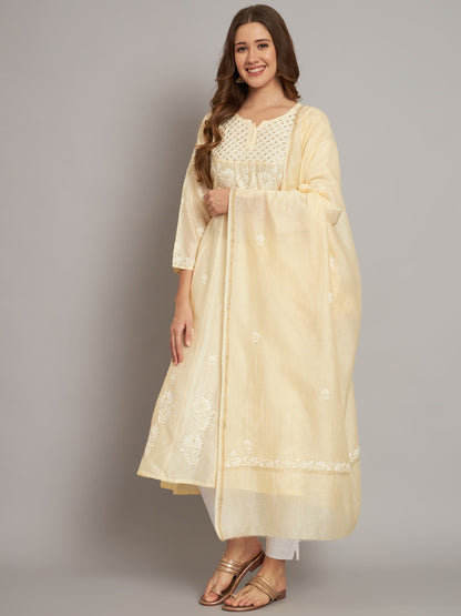 Hand embroidered Chikankari Chanderi Cotton Kurta Set and Dupatta with Mukaish AL3665KS