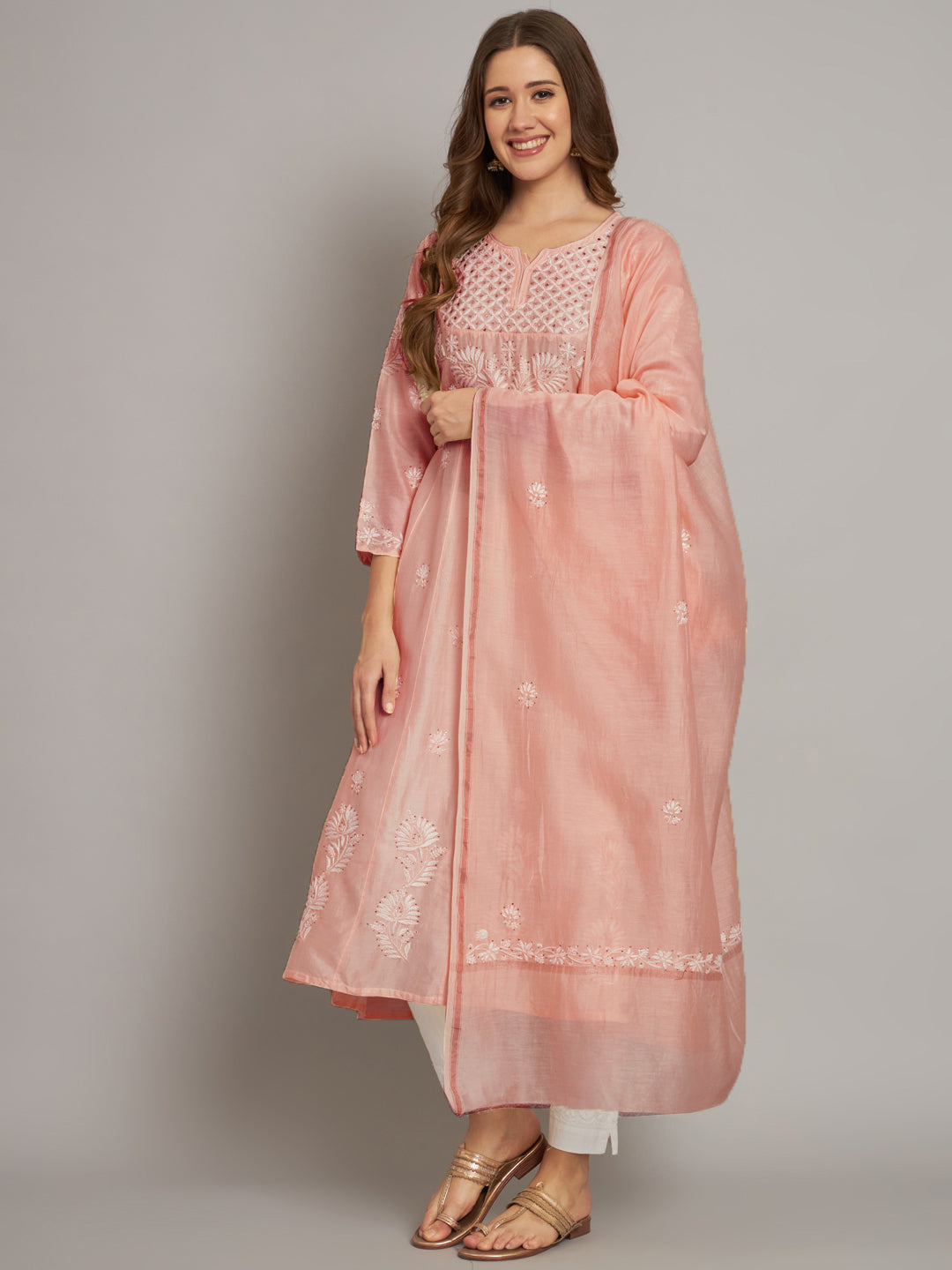 Hand embroidered Chikankari Chanderi Cotton Kurta Set and Dupatta with Mukaish AL3665KS