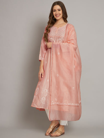 Hand embroidered Chikankari Chanderi Cotton Kurta Set and Dupatta with Mukaish AL3665KS