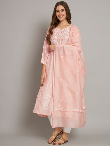 Hand embroidered Chikankari Chanderi Cotton Kurta Set and Dupatta with Mukaish AL3665KS