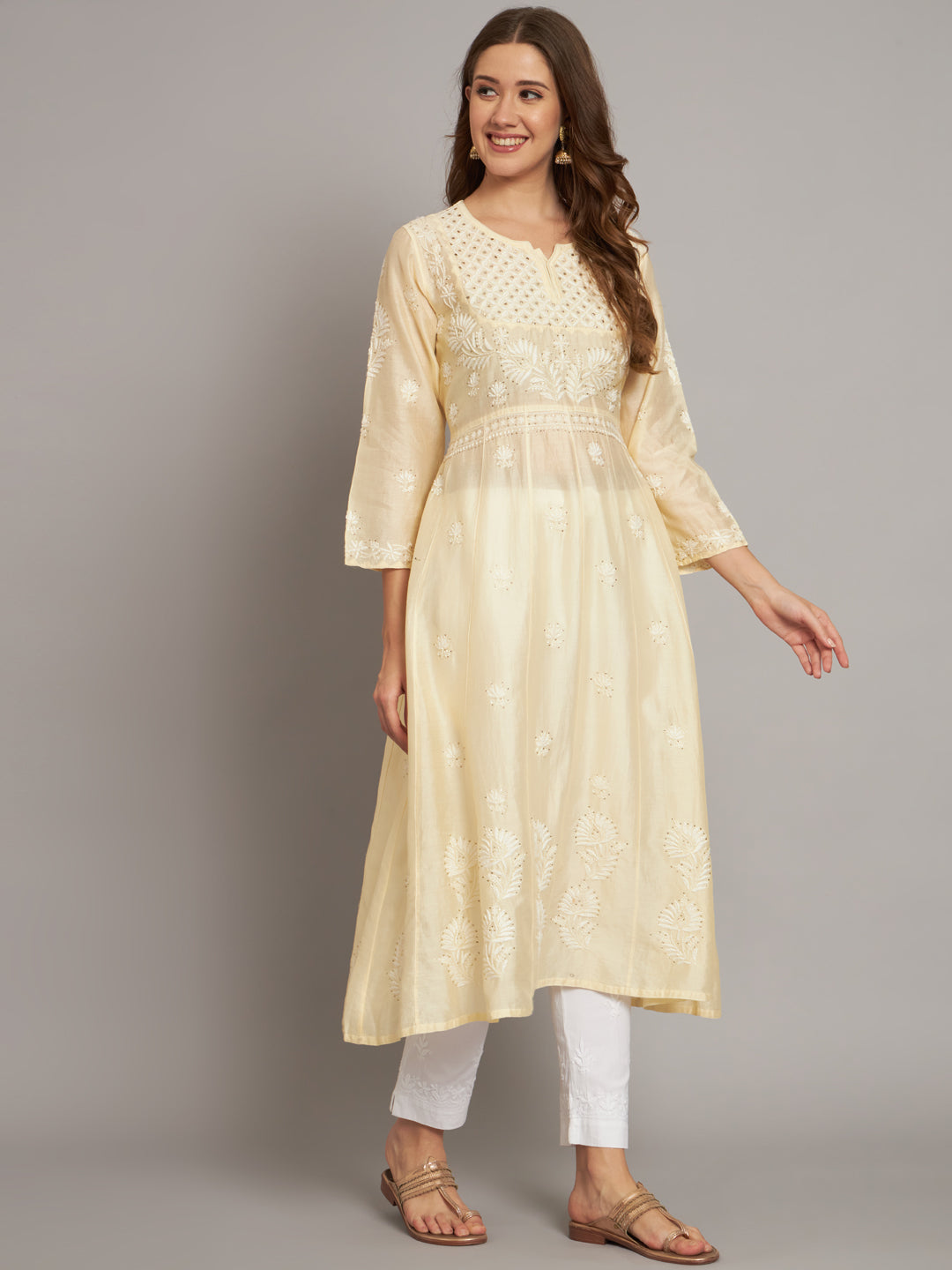 Hand embroidered Chikankari Chanderi Cotton Kurta Set and Dupatta with Mukaish AL3665KS